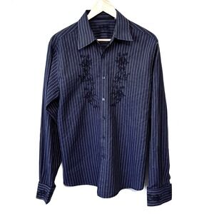 191 Unlimited Mens L Navy Blue Pinstripe Embroidered Floral Button Shirt Cotton‎